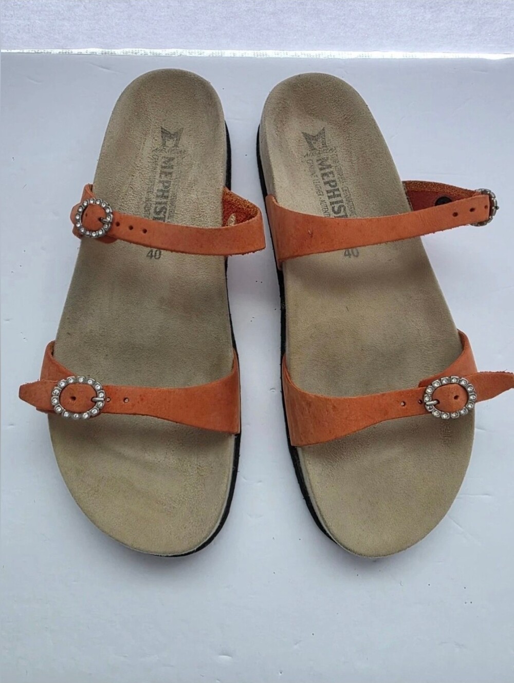 Mephisto Idelya Sandals In Orange Nubuck Leather Rhinestone Buckle Sz EU40/US 10